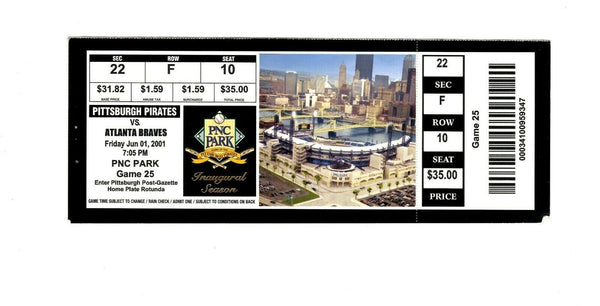 June 1 2001 Atlanta Braves @ Pittsburgh Pirates Ticket Chipper Jones HR