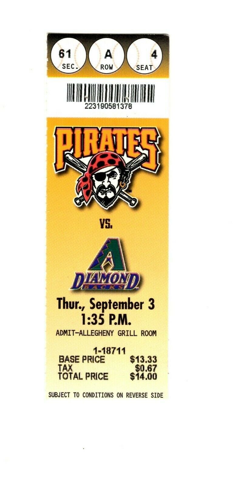 Sep 3 1998 Arizona Diamondbacks @ Pittsburgh Pirates Ticket 1-0 Pitchers Duel!