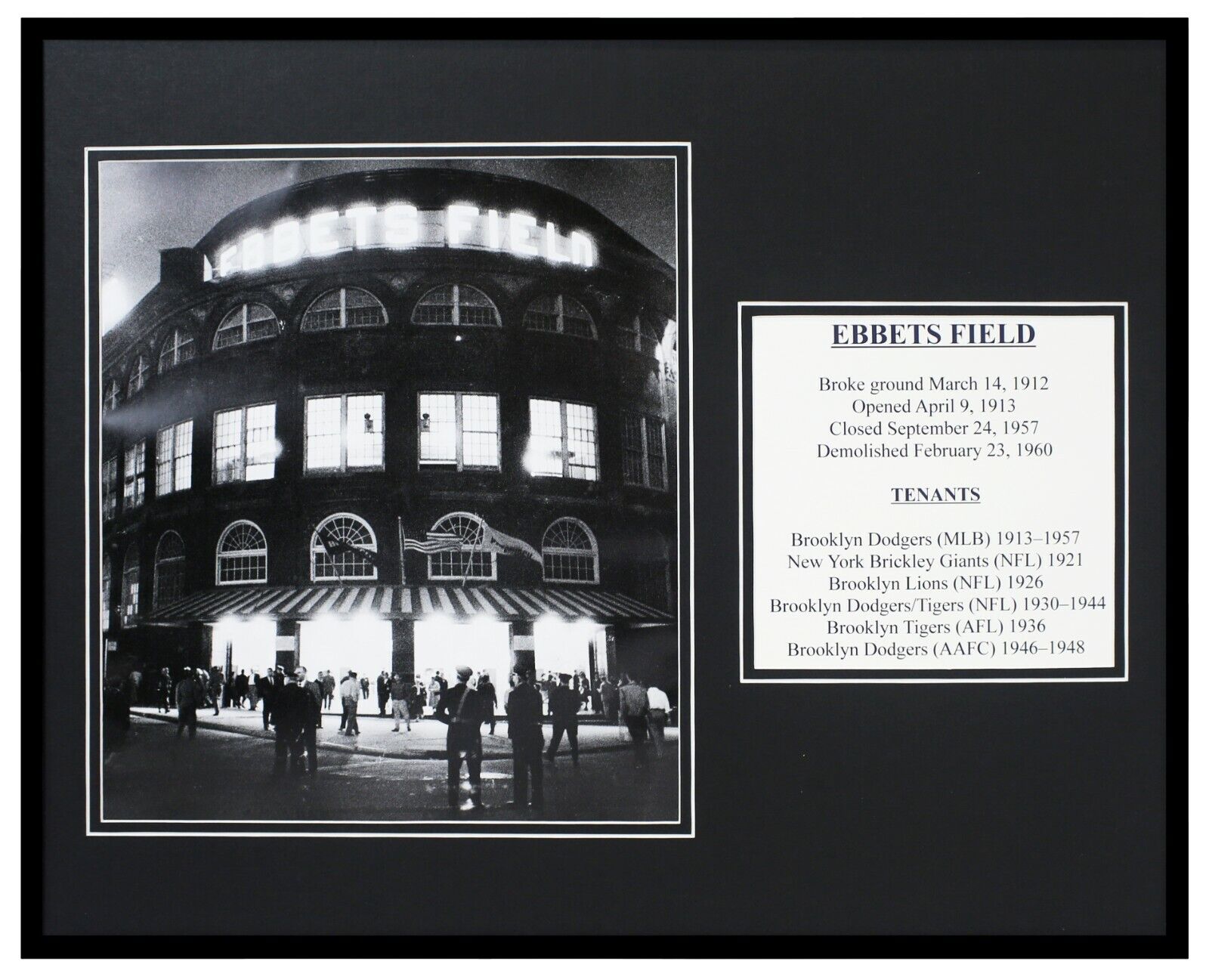 Ebbets Field Framed 16x20 Photo Display Brooklyn Dodgers