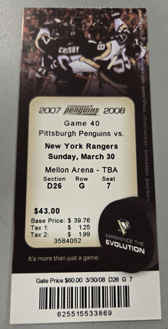 Mar 30 2008 Rangers @ Pittsburgh Penguins Ticket Evgeni Malkin Goal