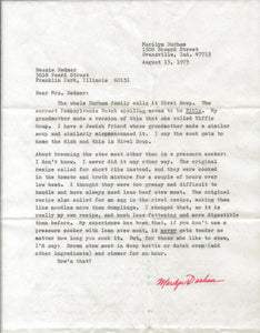 Marilyn Durham Signed 1973 Typed Letter & Soup Recipe