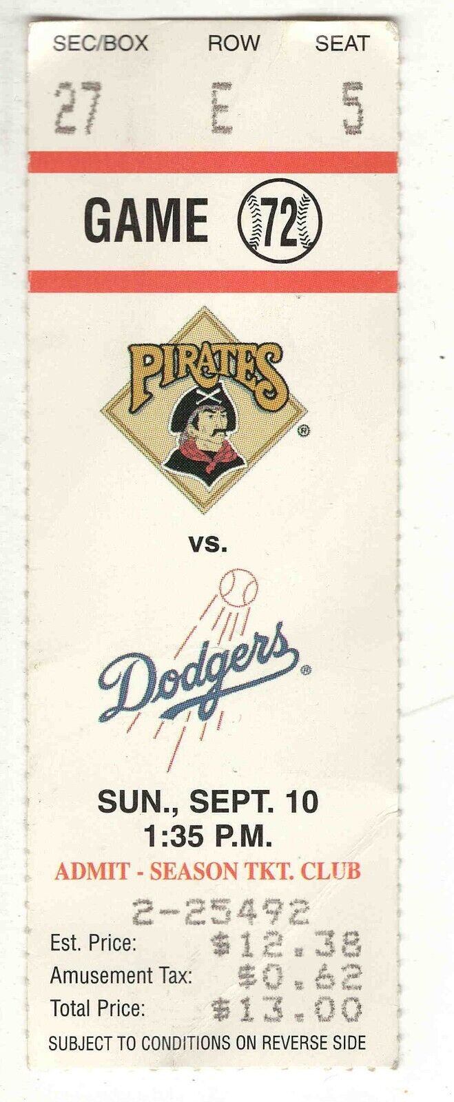 Sep 10 1995 LA Dodgers @ Pittsburgh Pirates Ticket Mike Piazza 2 Hits