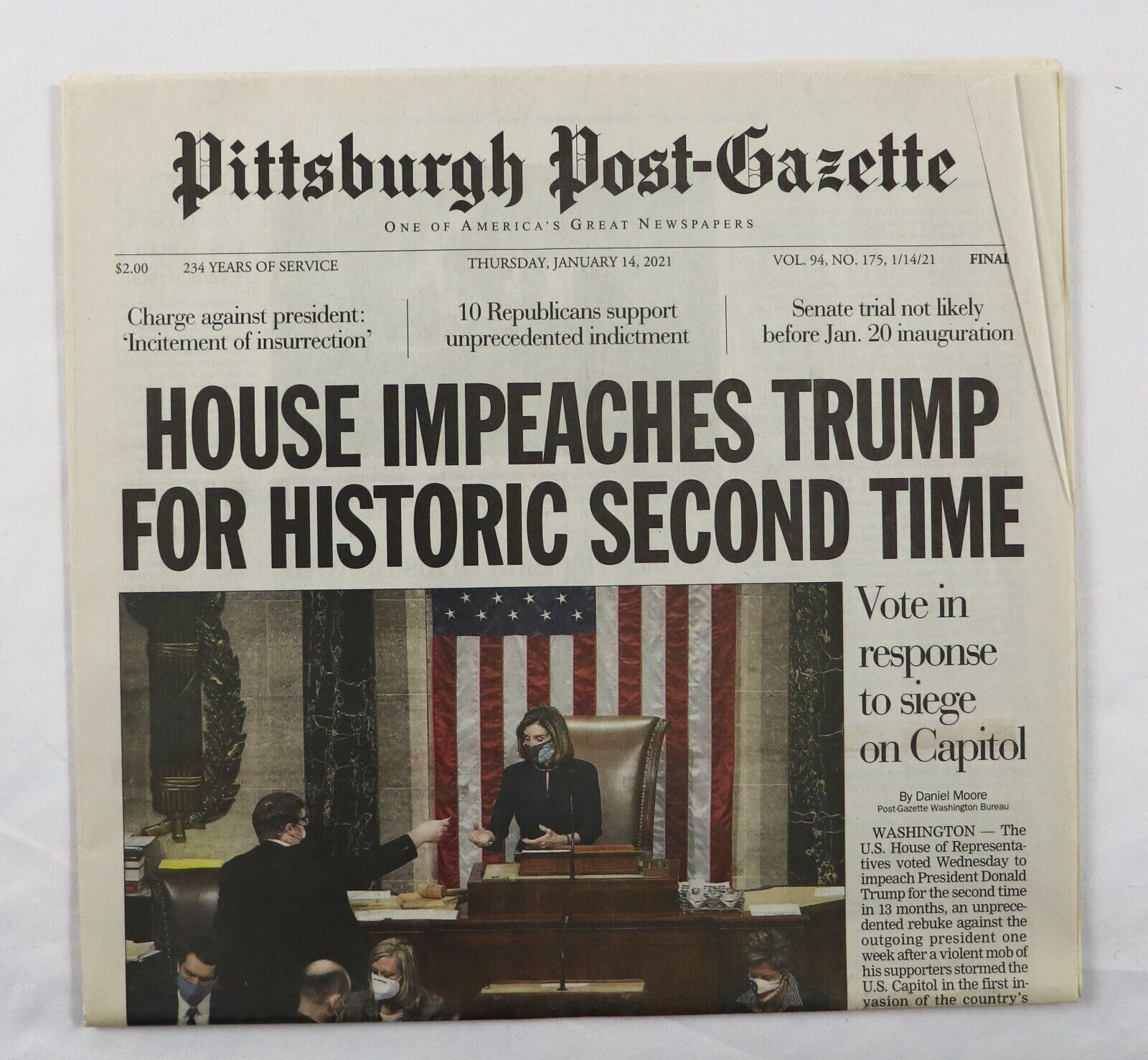 Jan 14 2021 Donald Trump 2nd Impeachment Pittsburgh Post Gazette Newspaper