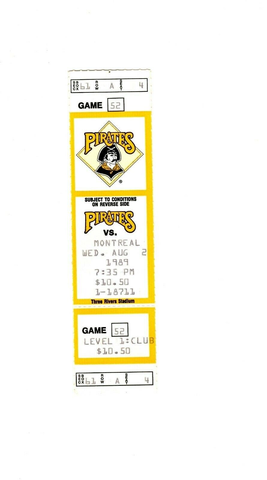 Aug 2 1989 Montreal Expos @ Pittsburgh Pirates Ticket Barry Bonds Bonilla