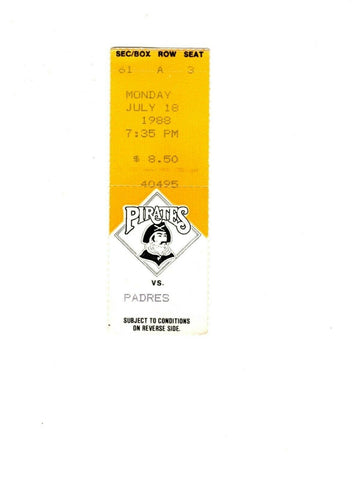 July 18 1988 San Diego Padres @ Pittsburgh Pirates Ticket Three Rivers Stadium