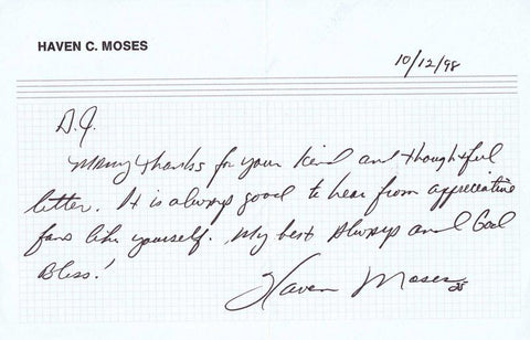 Haven Moses Signed 1998 Handwritten Letter Broncos Bills