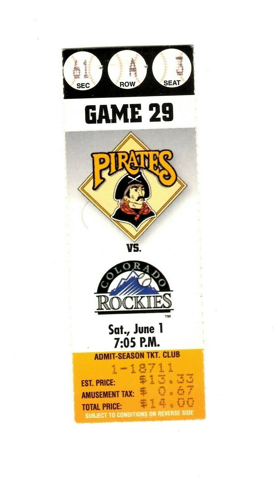 June 1 1996 Colorado Rockies @ Pittsburgh Pirates Ticket Larry Walker Bichette