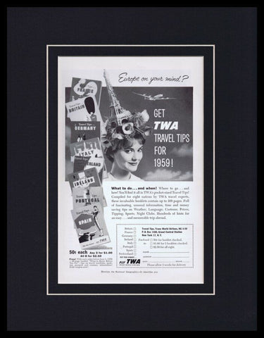 1959 TWA Airlines Travel Tips Framed 11x14 ORIGINAL Advertisement