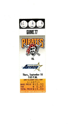 Sep 18 1997 Houston Astros @ Pittsburgh Pirates Ticket Jeff Bagwell Craig Biggio