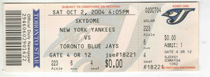 Oct 2 2004 NY Yankees Toronto Blue Jays Ticket Roy Halladay Win 5 K