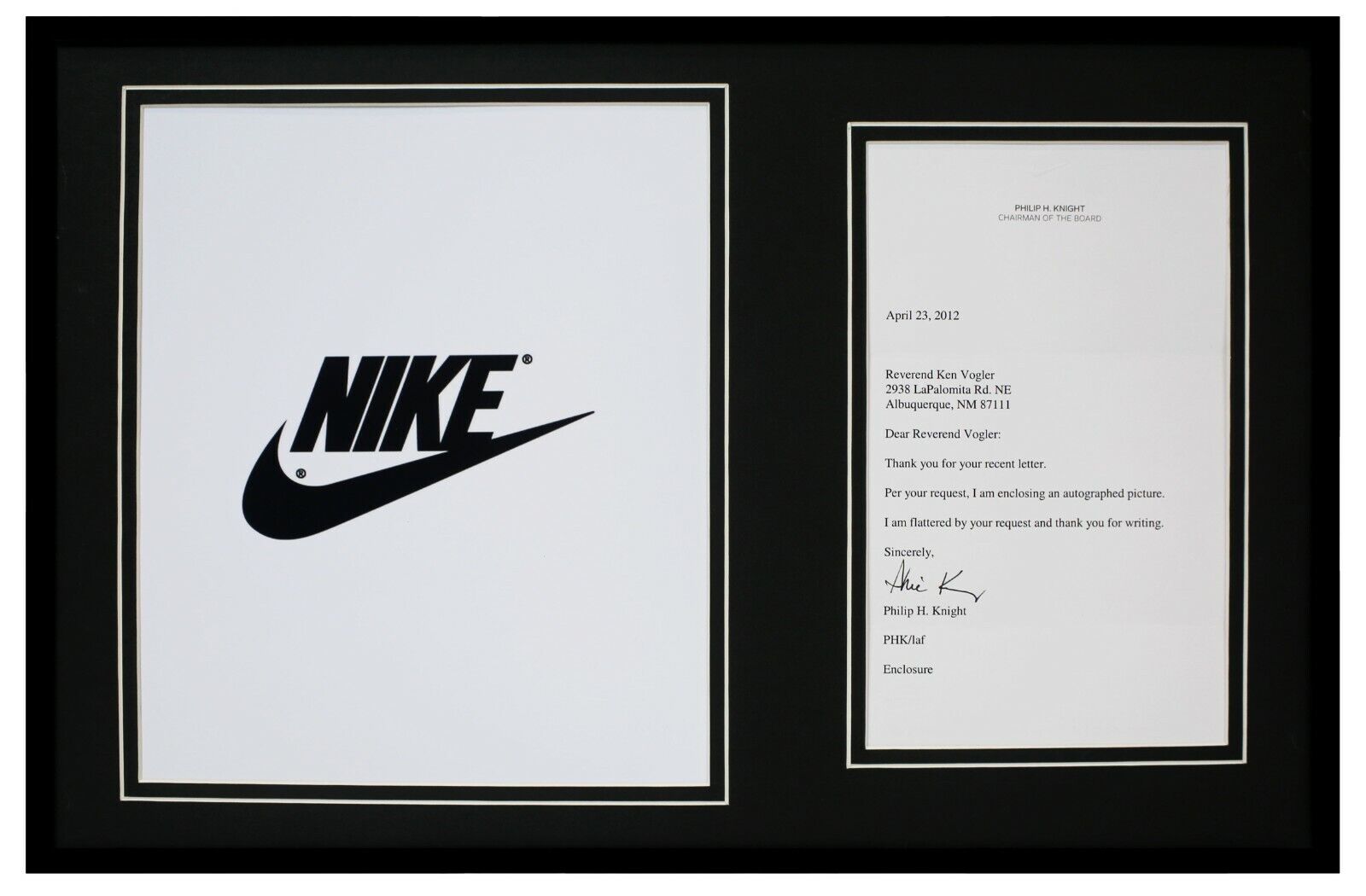 Phil Knight Signed Framed 11x17 Typed 2012 Letter & Photo Display Nike