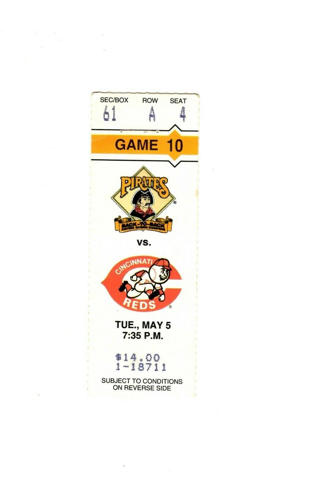 May 5 1992 Cincinnati Reds @ Pittsburgh Pirates Ticket Andy Van Slyke HR