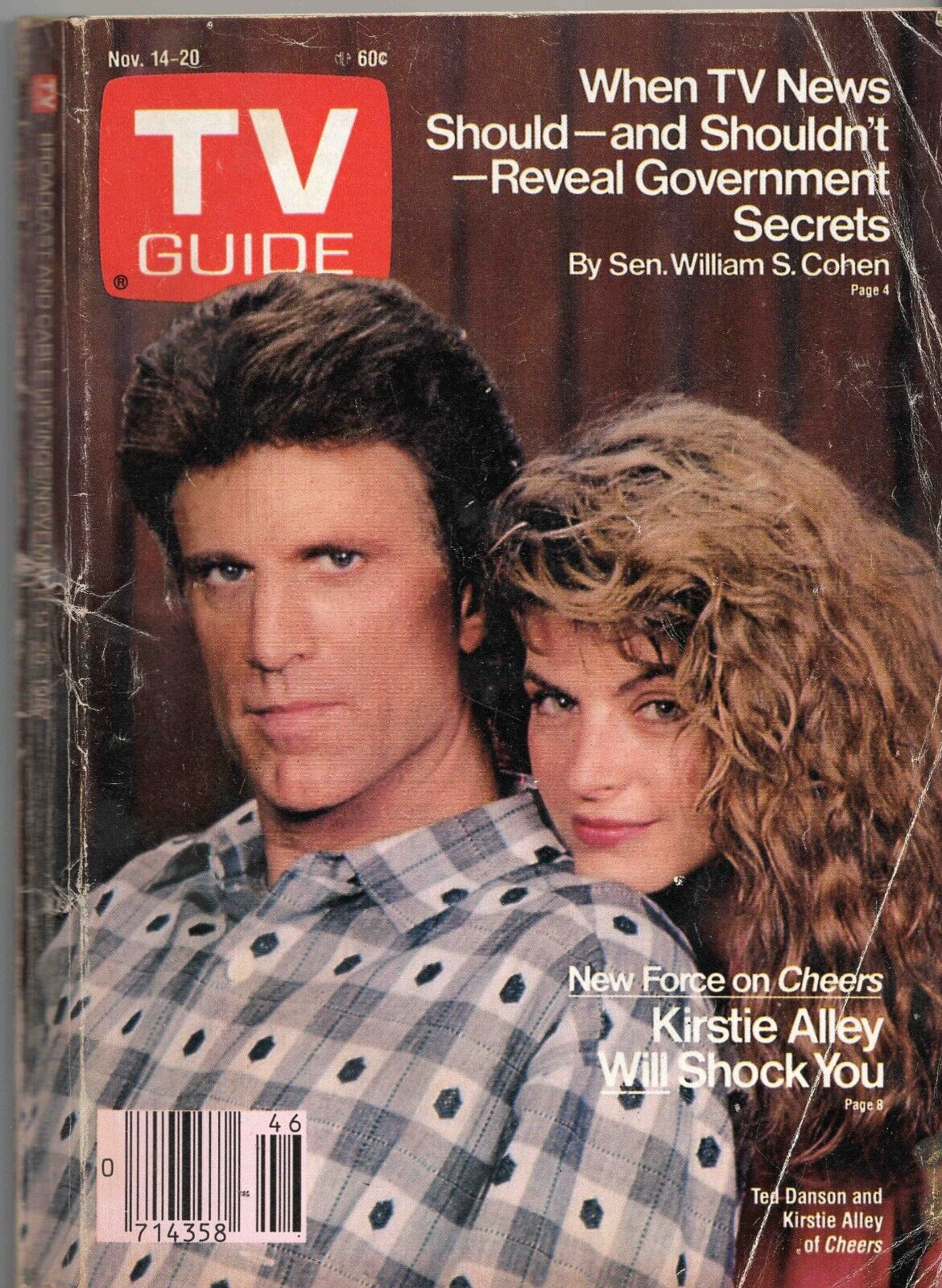 Nov 14 1987 TV Guide Magazine Cheers Ted Danson Kirstie Alley