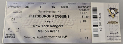 Apr 7 2007 Rangers @ Penguins Ticket Sidney Crosby 2 Assists