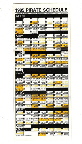 VINTAGE 1985 Pittsburgh Pirates Schedule Pennsylvania Lottery