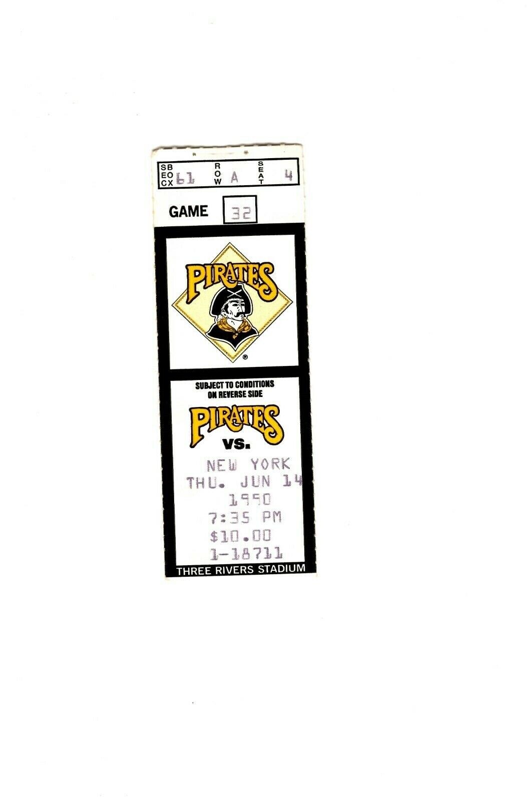 June 14 1990 NY Mets @ Pittsburgh Pirates Ticket Three Rivers Stadium