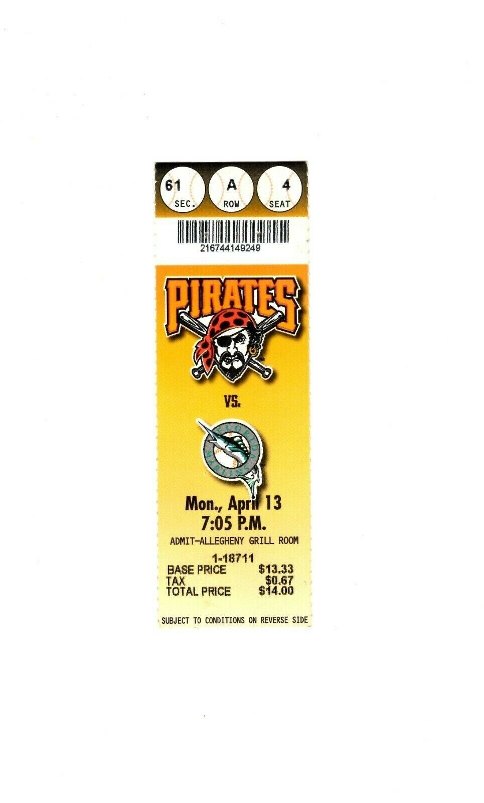 Apr 13 1998 Florida Marlins @ Pittsburgh Pirates Ticket Derrek Lee Grand Slam