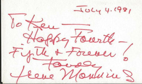 Irene Manning Signed Note on Vintage 3x5 Index Card JSA 