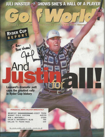 Justin Leonard Signed 1999 Golf World Full Magazine Ryder Cup