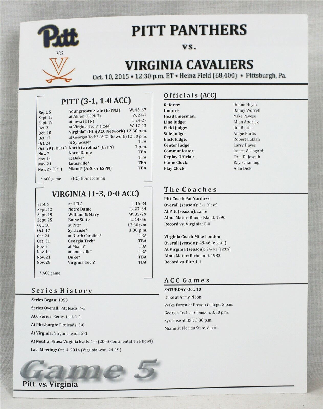  VINTAGE Oct 10 2015 UVA Virginia @ Pitt Panthers Lineup Card Tyler Boyd 