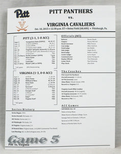  VINTAGE Oct 10 2015 UVA Virginia @ Pitt Panthers Lineup Card Tyler Boyd 