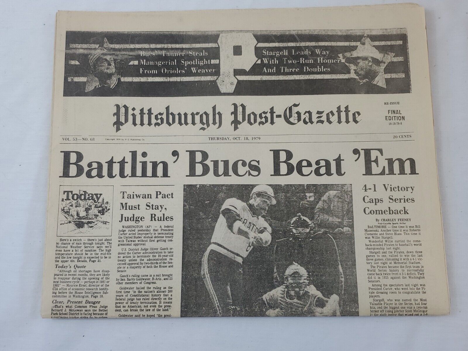 Oct 18 1979 Pittsburgh Post Gazette Newspaper Reprint Pirates World Series