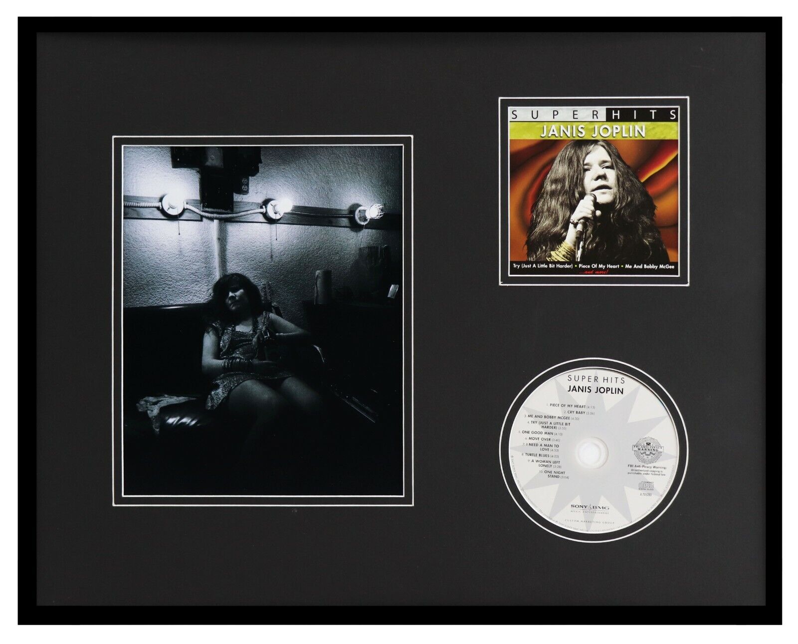 Janis Joplin Framed 16x20 CD & Drinking Southern Comfort Photo Display