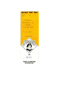 Aug 8 1988 8/8/88 NY Mets @ Pittsburgh Pirates Ticket 1-0 Pitchers Duel