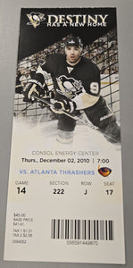 Dec 2 2010 Thrashers @ Penguins Ticket Sidney Crosby 7th Career Hat Trick