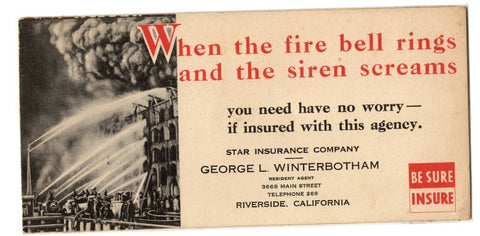 ORIGINAL Vintage Star Insurance Company 4x8" Fire Insurance Advertisement Card