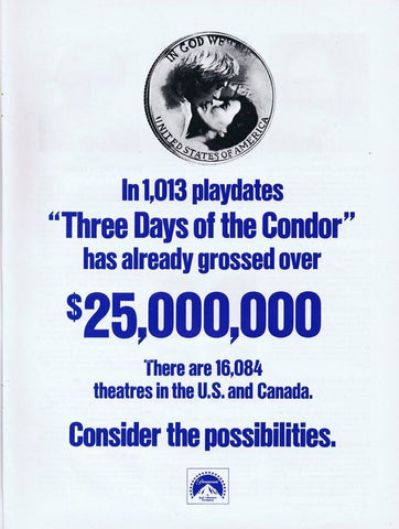 Three Days of the Condor 1976 ORIGINAL Vintage 9x12 Industry Ad Robert Redford