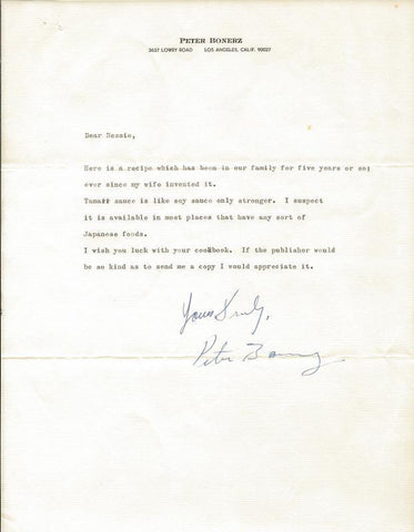 Peter Bonerz Signed 1974 Typed Letter & Baked Chicken Recipe