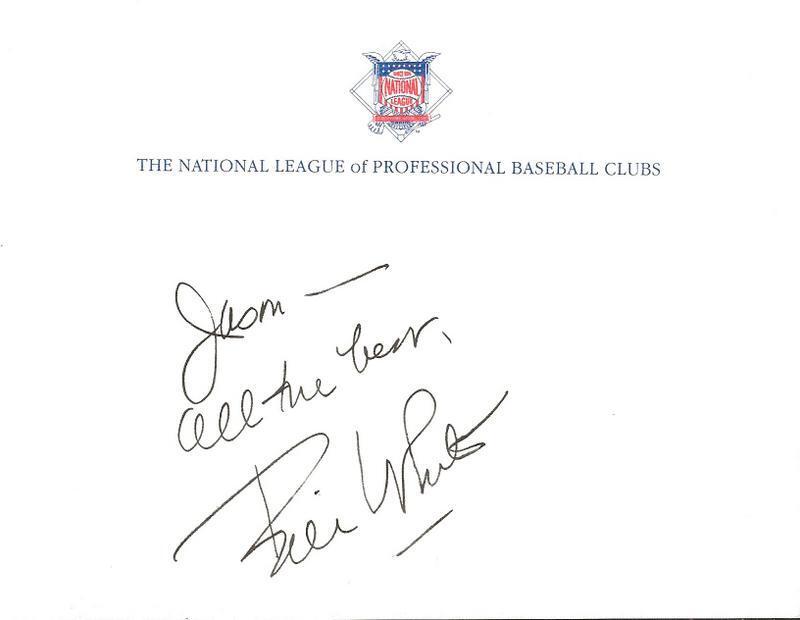 Bill White Signed Note on National League Letterhead