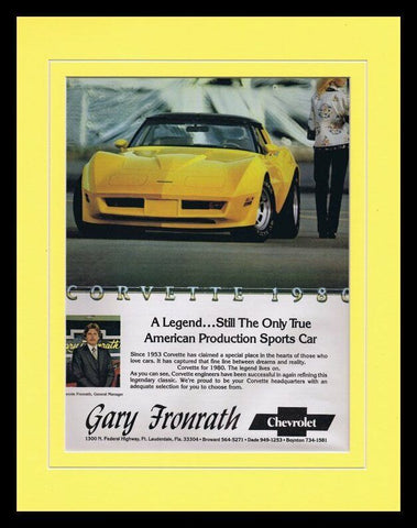 1980 Gary Fronrath Chevrolet Corvette Framed ORIGINAL Vintage Advertisement