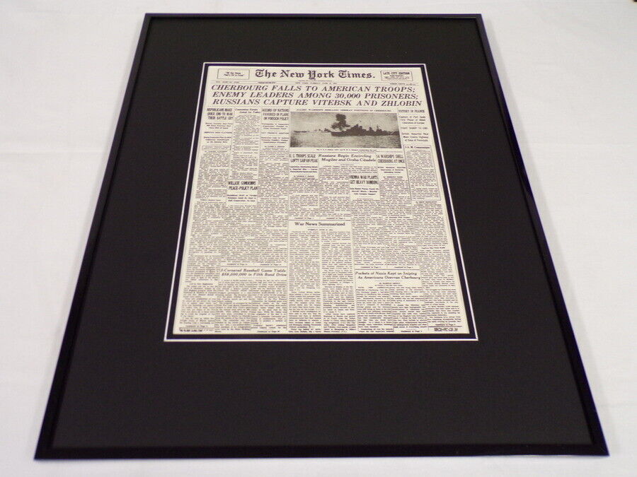 New York Times Jun 27 1944 Framed 16x20 Front Page Poster Cherbourg Falls WWII