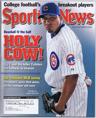 ORIGINAL Vintage July 14 2008 Sporting News Magazine Carlos Zambrano Cubs