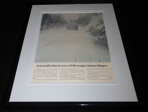 1966 VW Volkswagen Station Wagon / Snow Framed ORIGINAL Vintage Advertisement