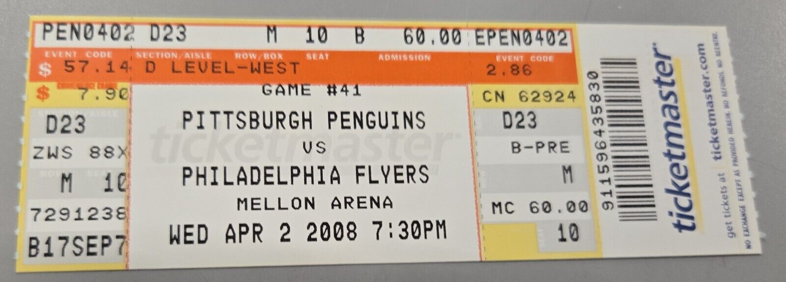 Apr 2 2008 Flyers @ Pittsburgh Penguins Ticket Sidney Crosby (2) Malkin 1 Goals