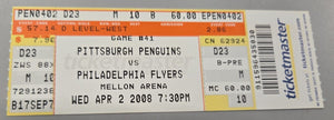 Apr 2 2008 Flyers @ Pittsburgh Penguins Ticket Sidney Crosby (2) Malkin 1 Goals