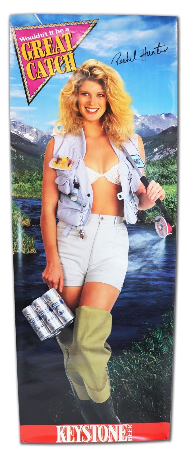 VINTAGE 1990s Keystone Beer Great Catch Rachel Hunter HUGE 26x70" Poster 