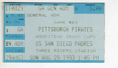 VINTAGE Aug 29 1993 San Diego @ Pittsburgh Pirates Ticket Doubleheader Gwynn