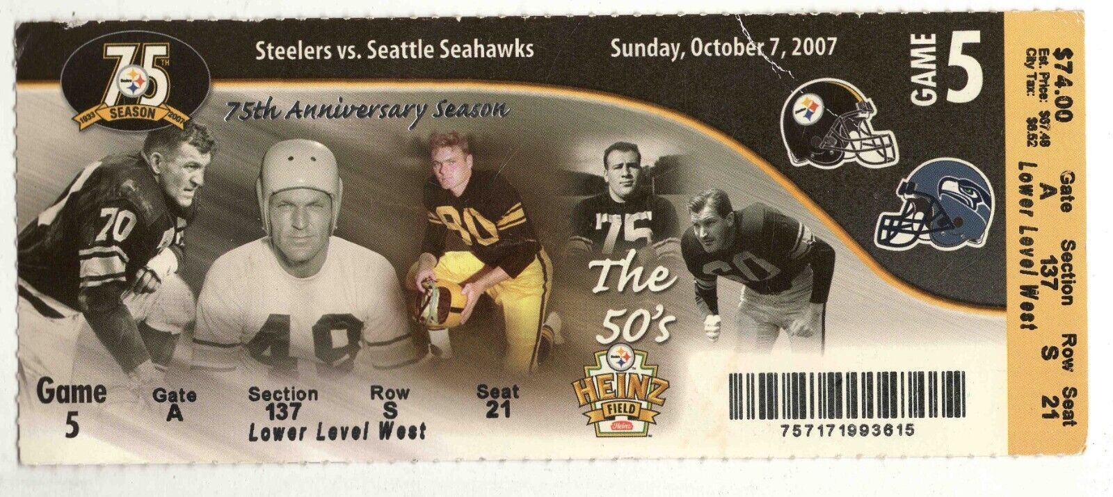 Sep 7 2007 Seahawks @ Pittsburgh Steelers Ticket 21-0 Shutout Big Ben 206/1 TD