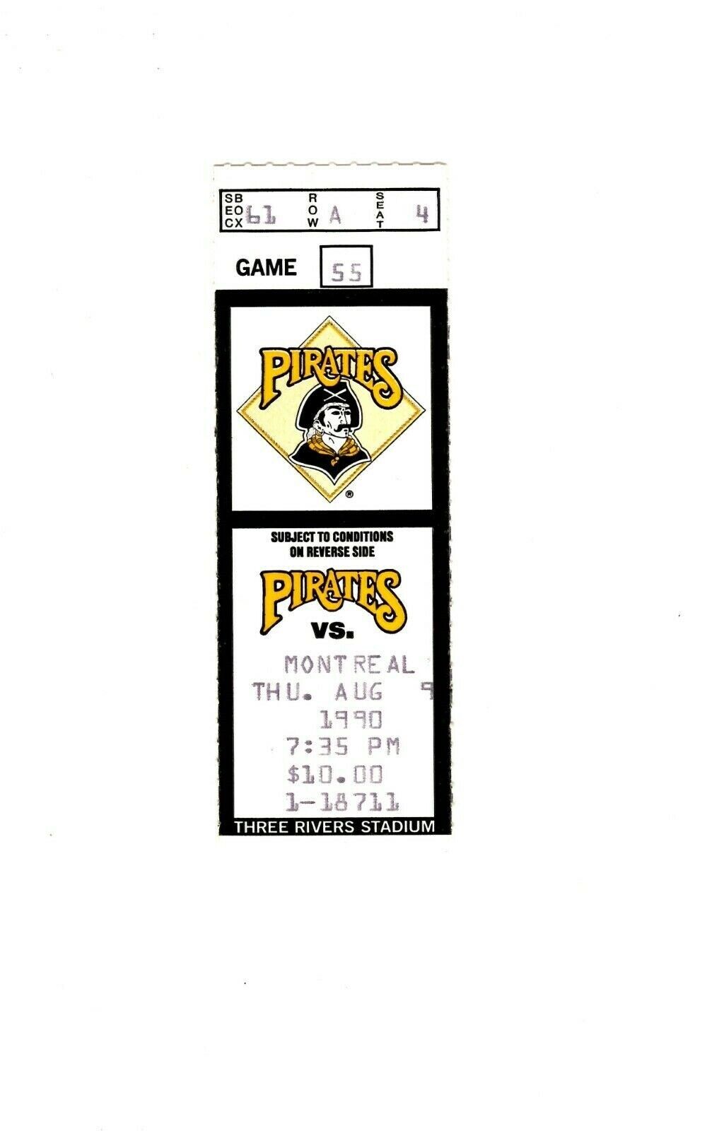 Aug 9 1990 Montreal Expos @ Pittsburgh Pirates Ticket Barry Bonds HR #105