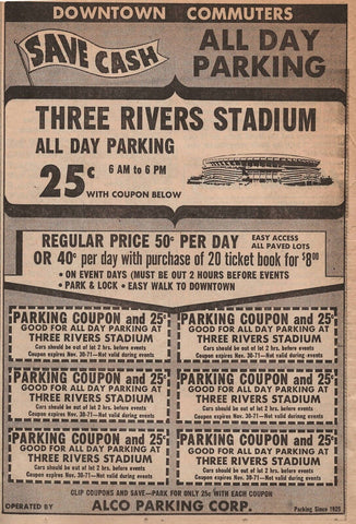 VINTAGE 1971 Pittsburgh Three Rivers Stadium Alco Park Newspaper Advertisement