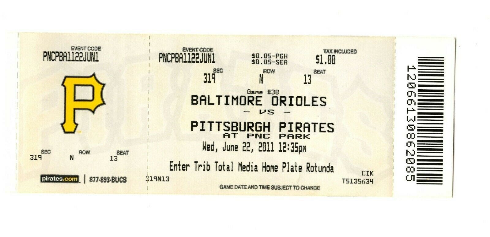 June 22 2011 Baltimore Orioles @ Pittsburgh Pirates Ticket Andrew McCutchen