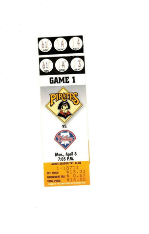 Apr 8 1996 Philadelphia Phillies @ Pittsburgh Pirates Ticket Home Opener