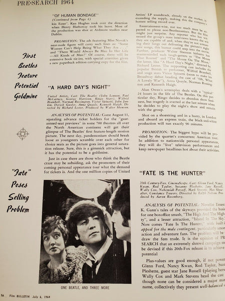 VERY RARE July 6, 1964 Film Bulletin Magazine - Beatles Hard Day Night Cover