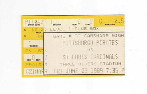 June 23 1989 St Louis Cardinals @ Pittsburgh Pirates Ticket Bonds Bonilla