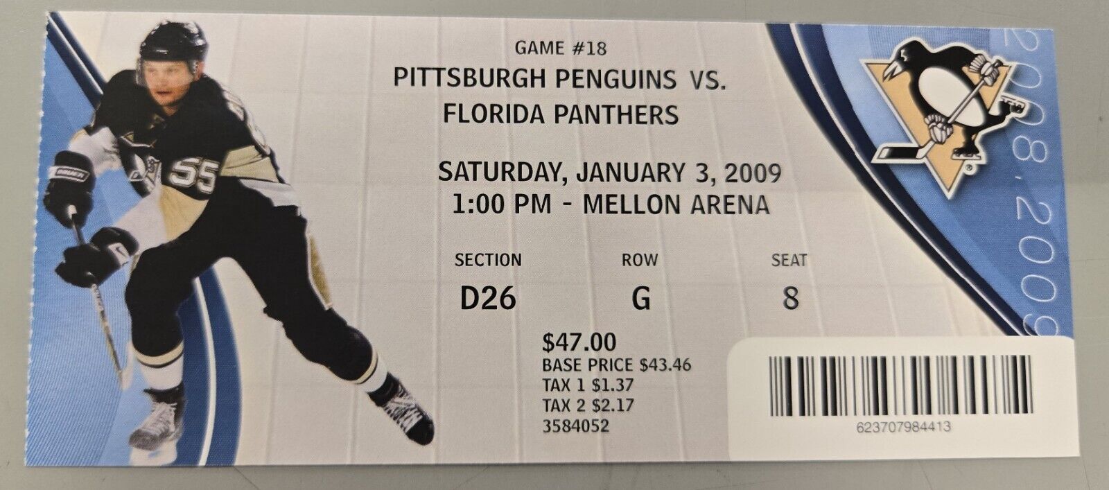 Jan 3 2009 Panthers @ Pittsburgh Penguins Ticket Nathan Horton 2 Goals