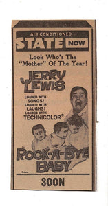 VINTAGE 1958 Rock a Bye Baby Newspaper Advertisement Jerry Lewis